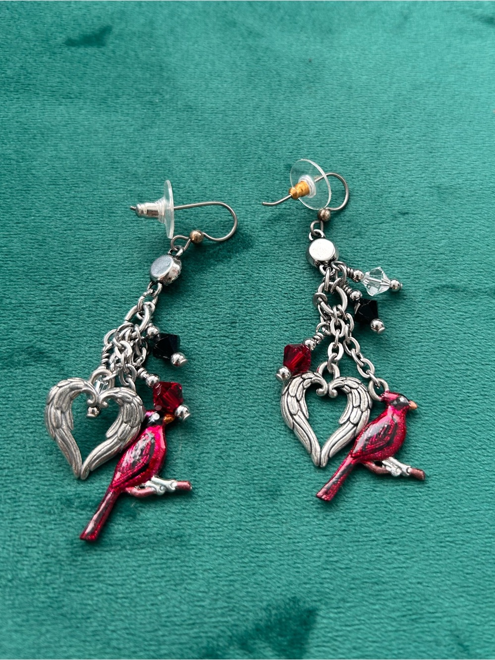 Red Cardinal & Silver Heart Dangle Earrings - Women Jewelry